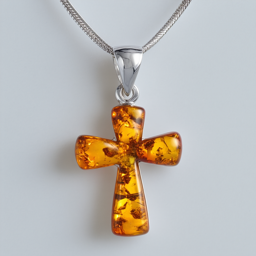 Sterling Silver Honey Amber Small Modern Cross Pendant Necklace , 18"