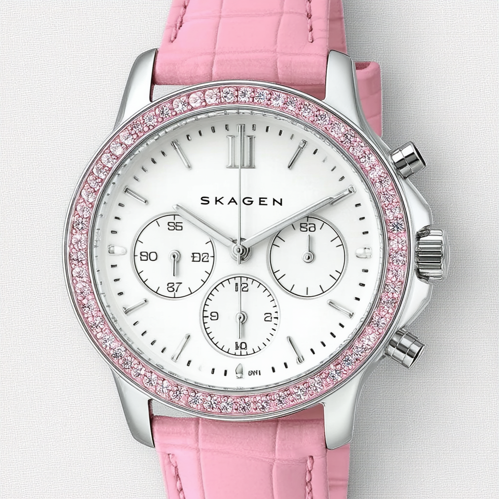 Skagen Women's Chronograph Pink and White Crystal Bezel and Pink Suede Watch #558SSLPCR