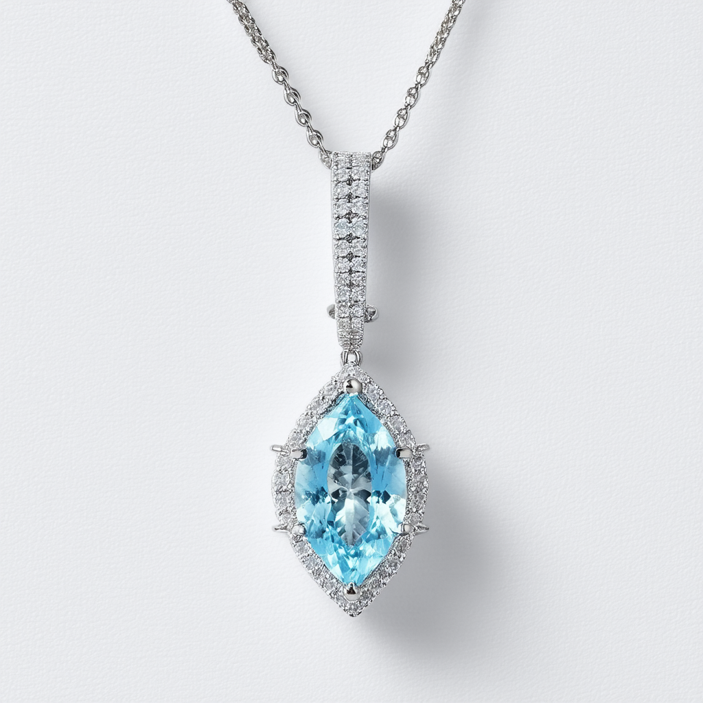 Amazon Collection Sterling Silver Special Cut Aquamarine and White Quartz Pendant Necklace, 18"