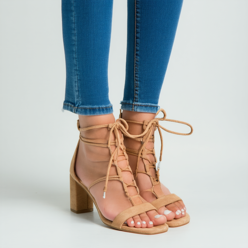 Qupid Women Nubuck Open Toe Strappy Side Lace Up Block Heel Sandal GF17