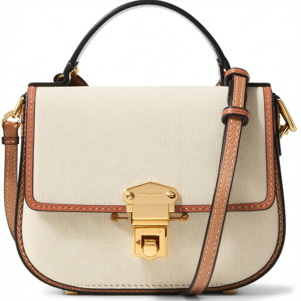 Tommy Hilfiger Women's Th Turnlock-Mixed Material-Leather and Canvas Mini Convertible Top Handle