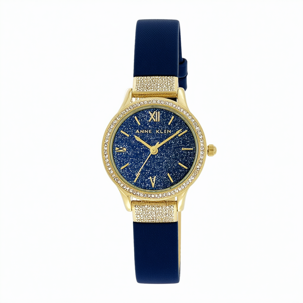 Anne Klein Women's AK/2498WTNV Glitter Accented Gold-Tone and Navy Blue Strap Watch
