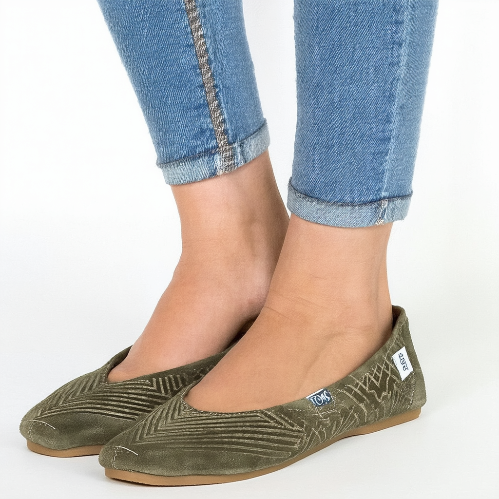 Toms Womens Jutti Flat Tarmac Olive Suede Chevron Embossed Casual Shoe 9 Women US