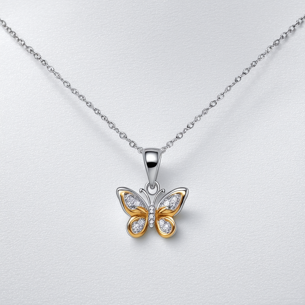 Amazon Collection Sterling Silver Two-Tone Butterfly Pendant Necklace with Diamond Accent, 18"