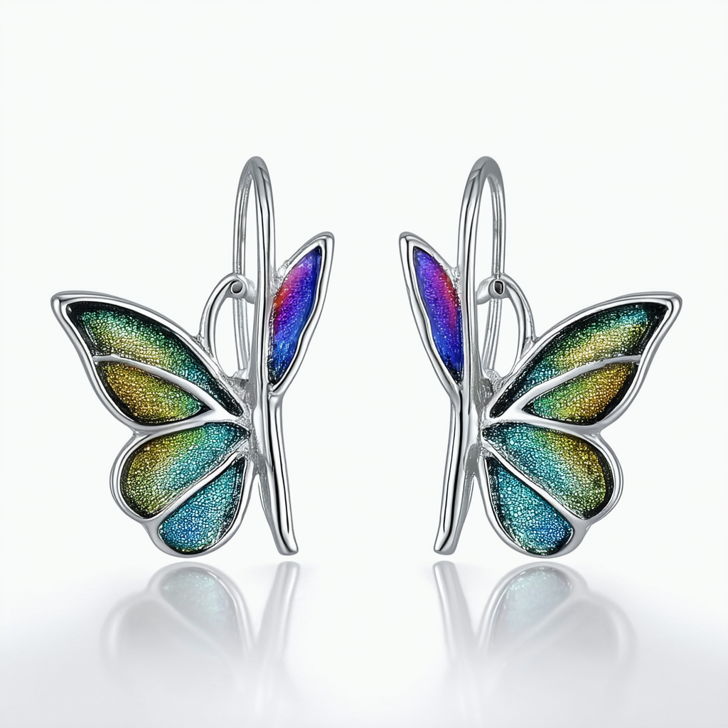 Amazon Collection Sterling Silver Dichroic Glass Multi-Color Cut-Out Butterfly Earrings