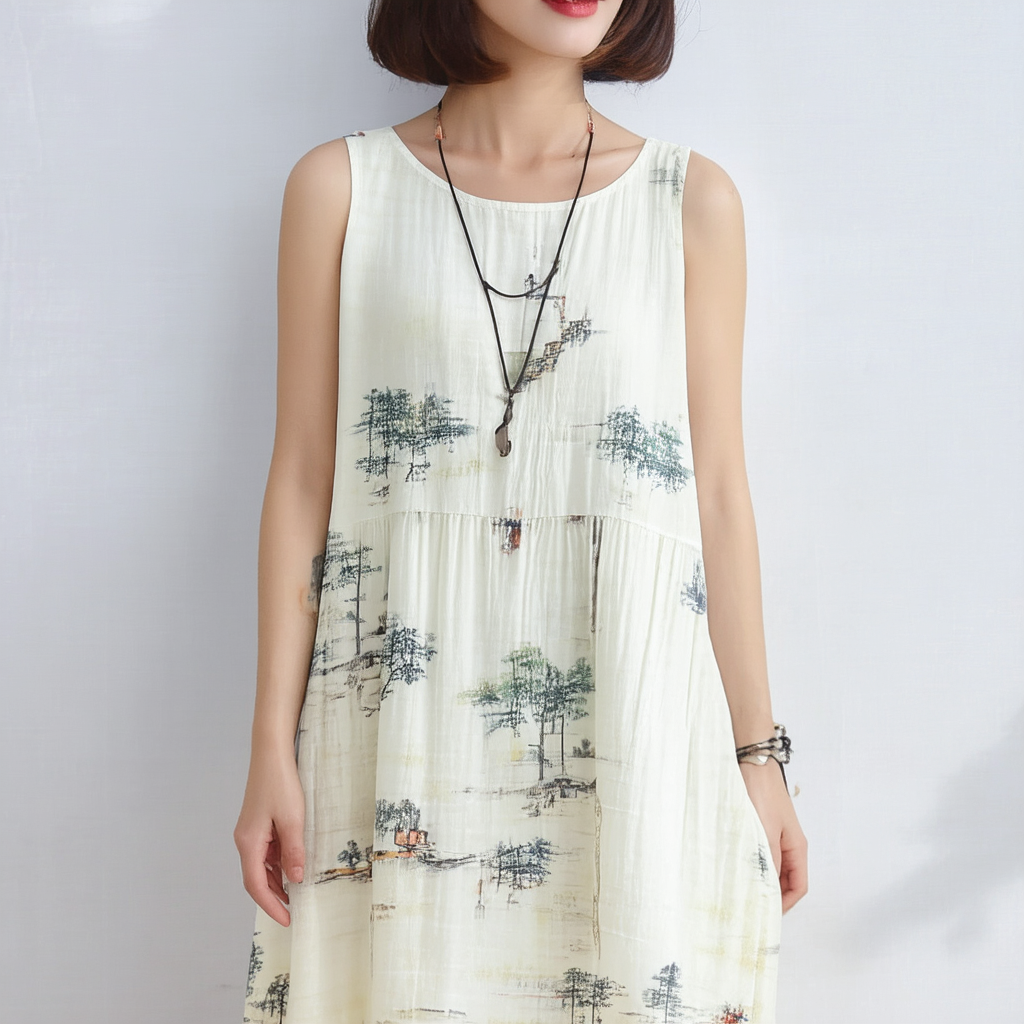 Vintage Women Dress Short Sleeveless O-Neck Printing Loose Korean Dress Women's Dress