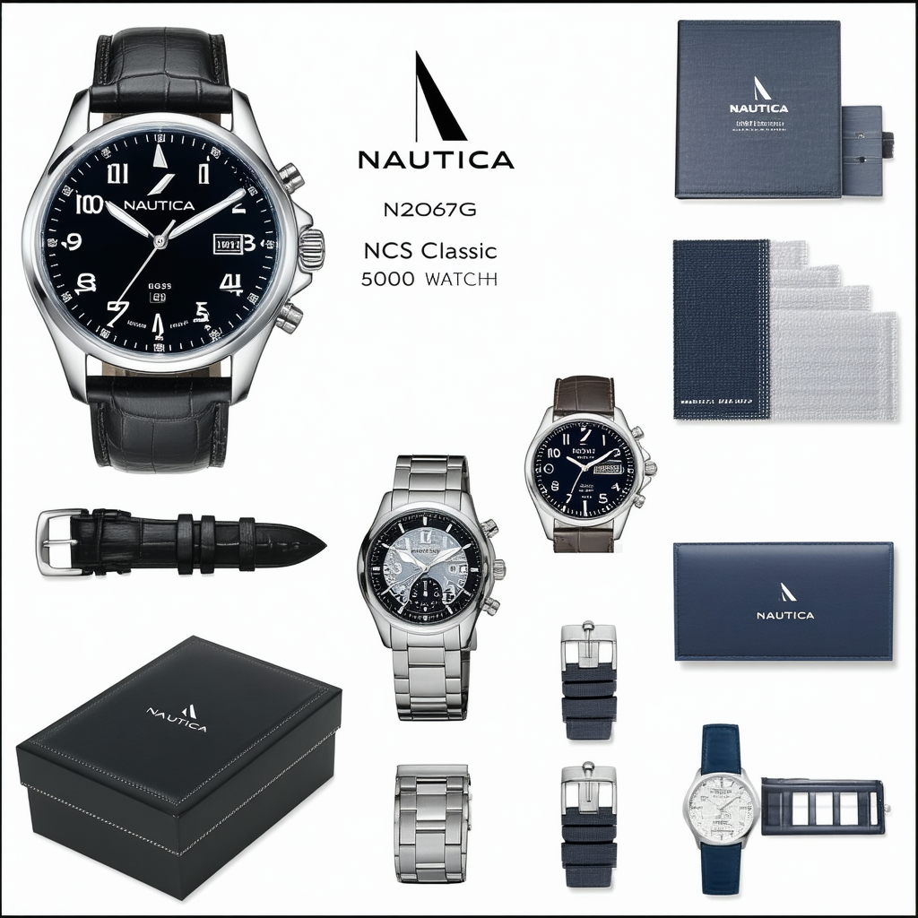 Nautica Men's N20067G NCS 600 Classic Stainless Steel Black Leather Black Dial Watch Box Set