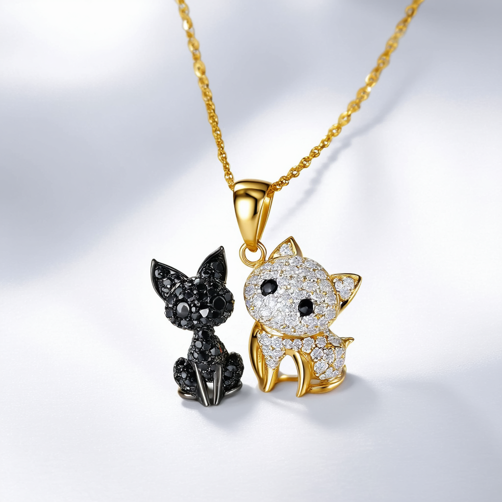 Amazon Collection 10k Gold and Black and White Diamond Animal Couple Pendant Necklace, 18"