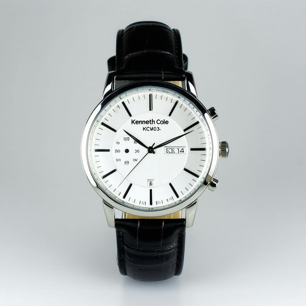 Kenneth Cole KCW1034 Silver Navy Analog Date Dial Black Leather Men Watch NEW