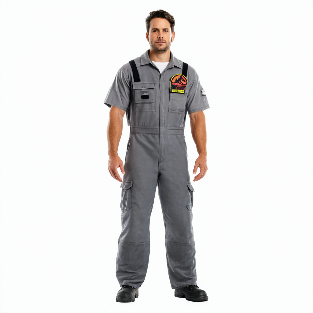 Jurassic Park Adult Employee Jumpsuit Mens, Gray Maintenance Worker Halloween Costume with Badge ID
