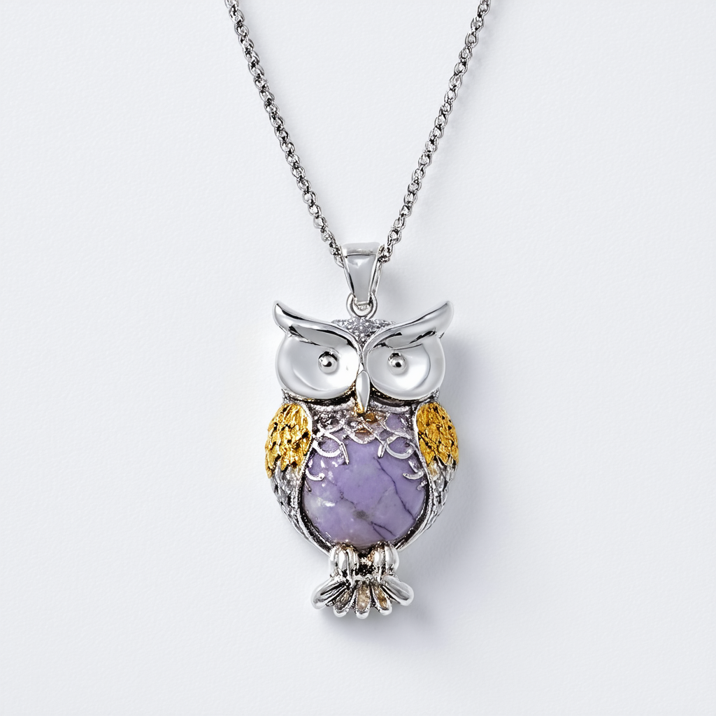 XPY Sterling Silver and 14k Yellow Gold Mix Semi Precious Owl Pendant Necklace, 18"