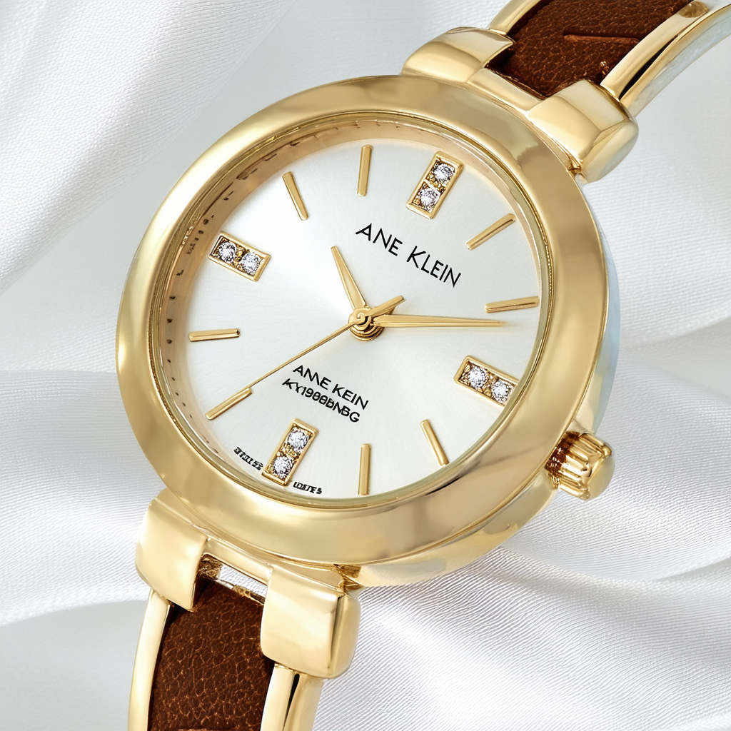 Anne Klein Women's AK/1980BNGB Diamond-Accented Gold-Tone and Brown Bangle Watch