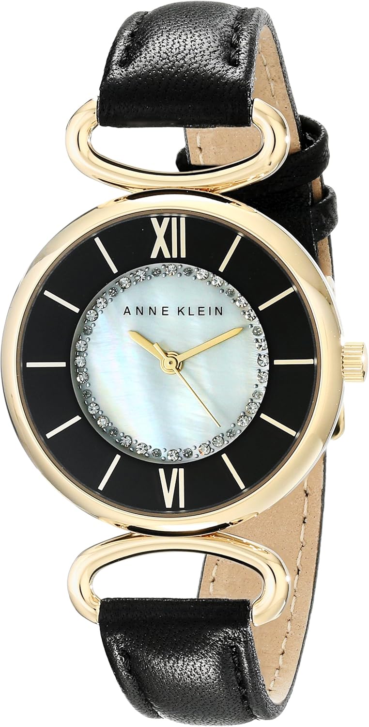 Anne Klein Women's AK/1932MPBK Premium Crystal-Accented Watch With Black Leather Band