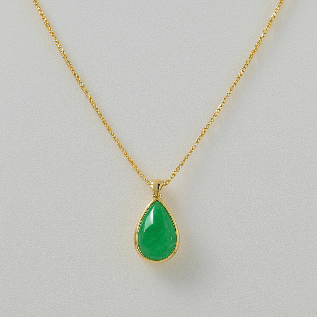 Amazon Collection 14k Yellow Gold Jade Teardrop Pendant Necklace, 18"