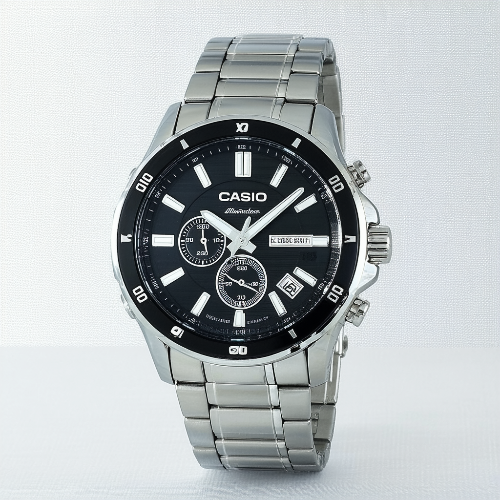 Casio MTP-E200D-1AV Men's Stainless Steel Illuminator Day Date Black Dial Watch