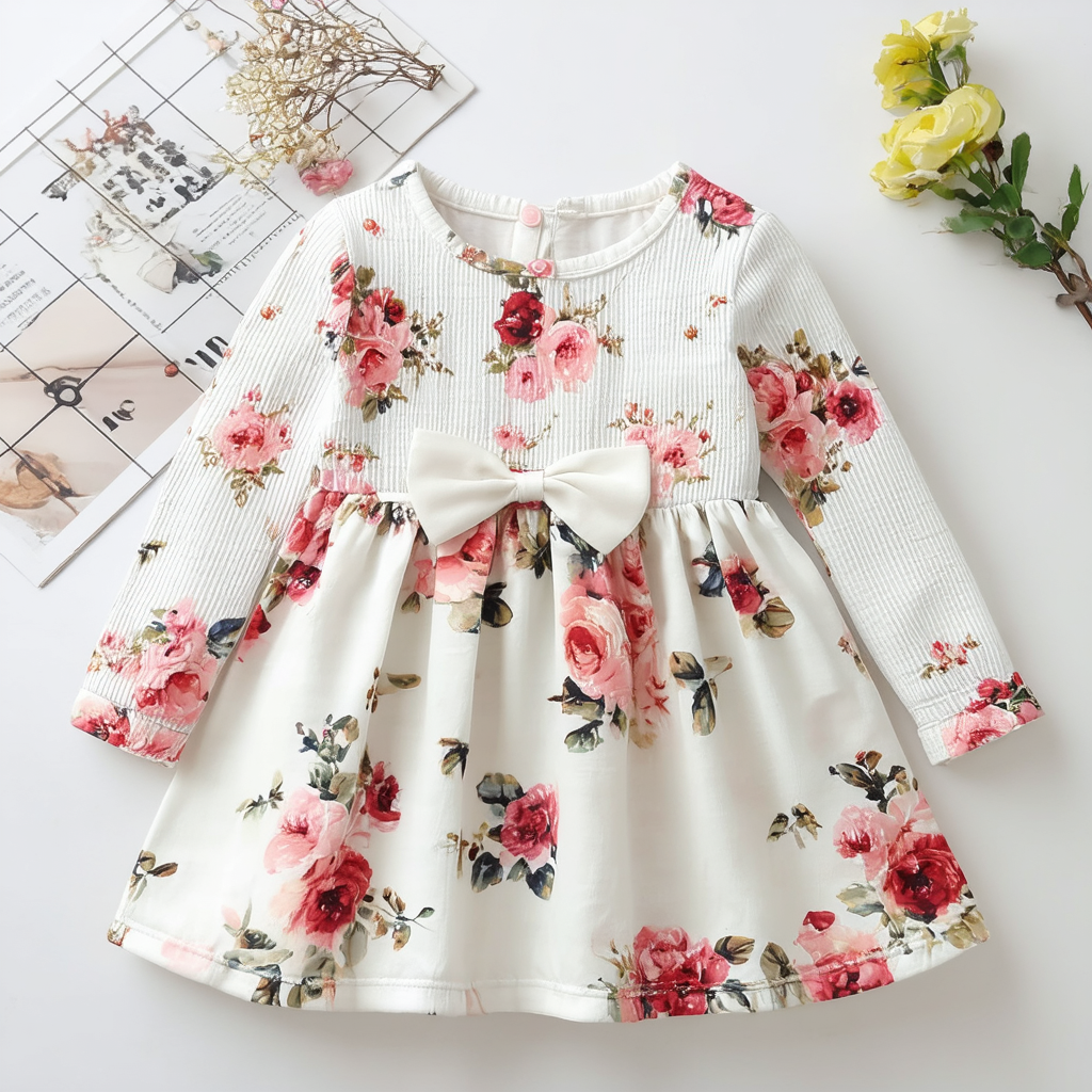 Long Sleeves Girls Floral Bow Princess Dress
