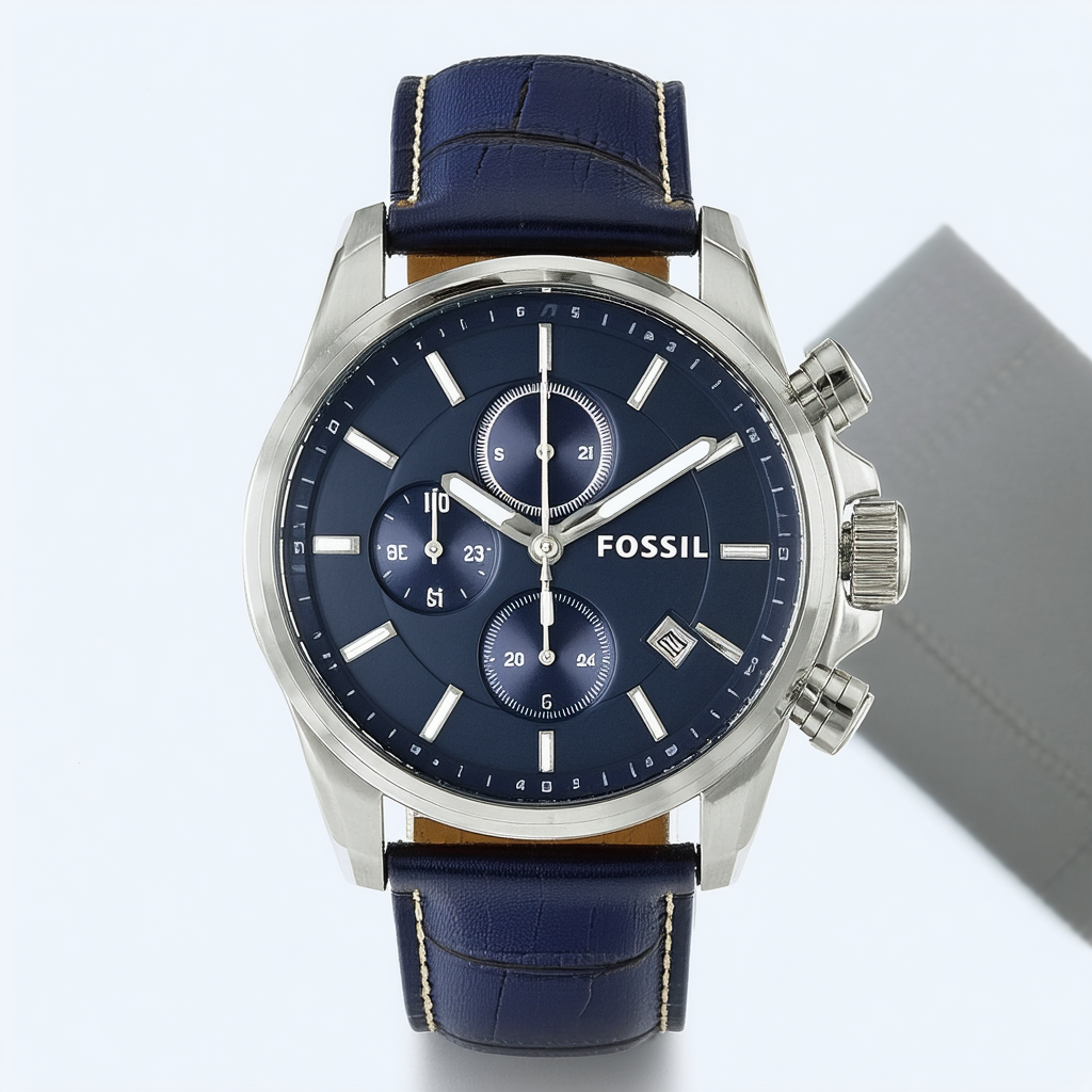 Fossil Men's JR1480 Nate Stainless Steel Chronograph Watch with Navy Leather Band