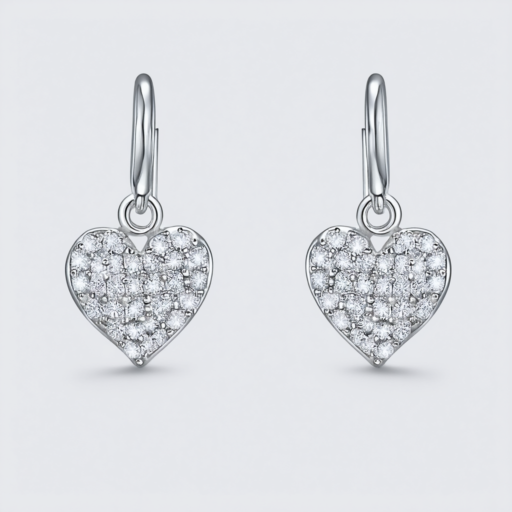 Amazon Collection Sterling Silver Pave Crystal Heart Drop Earrings