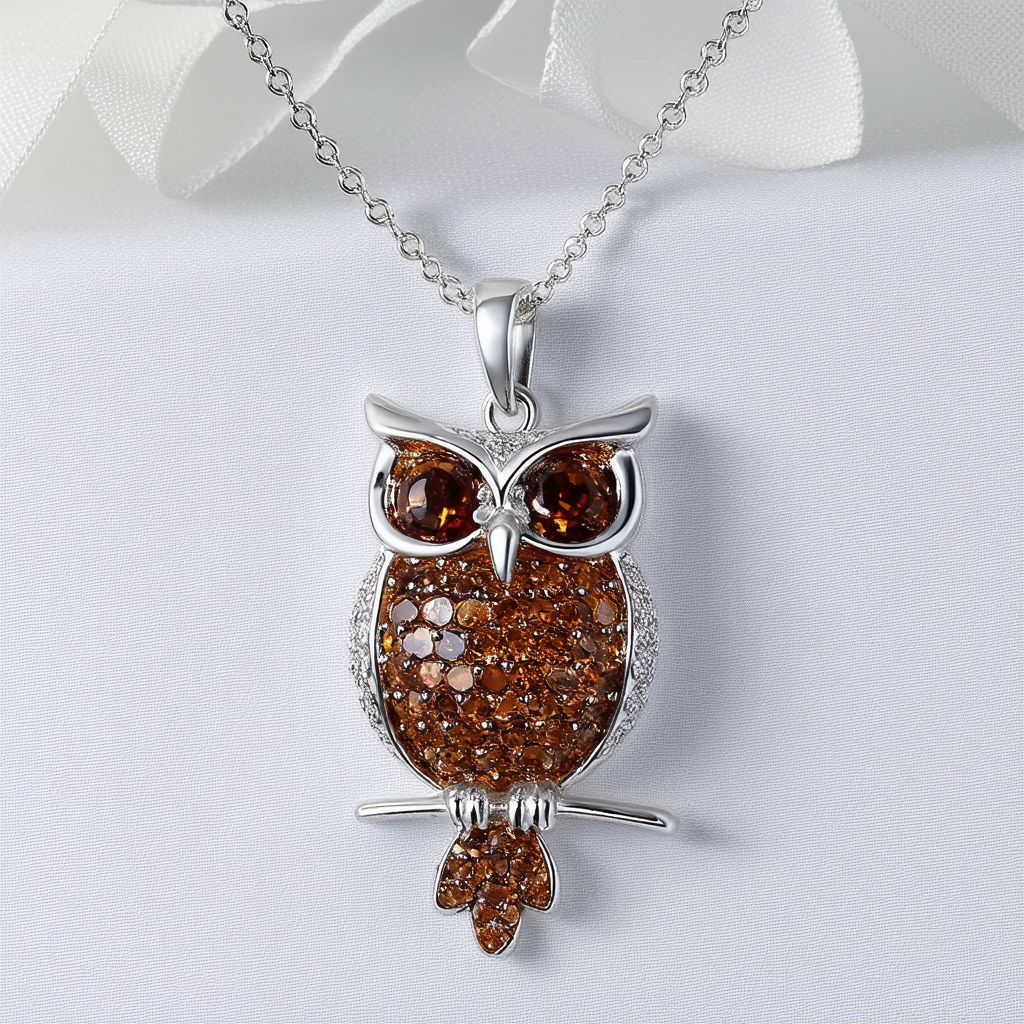 Amazon Collection Sterling Silver Brown Crystal Owl Pendant Necklace, 18"