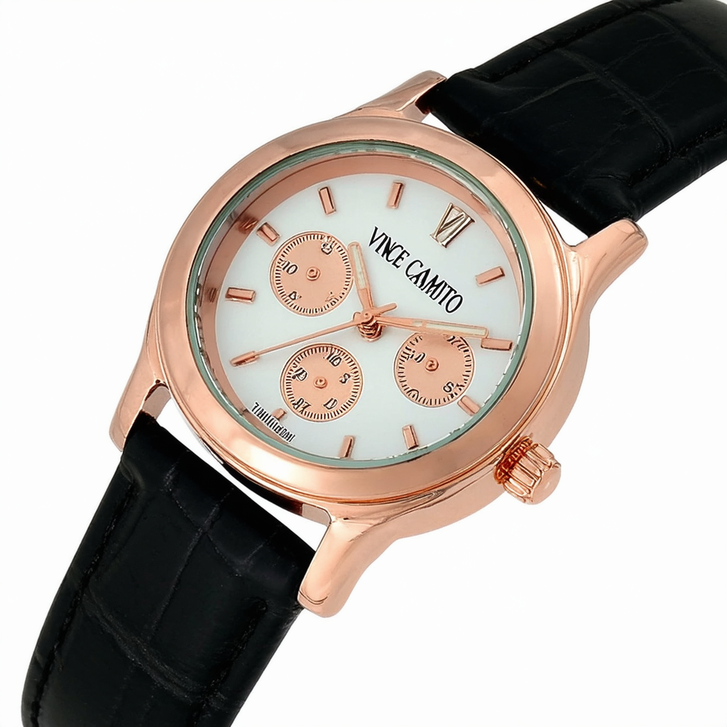 Vince Camuto Women's VC/5322FLBK Rose Gold-Tone and Black Leather Strap Watch