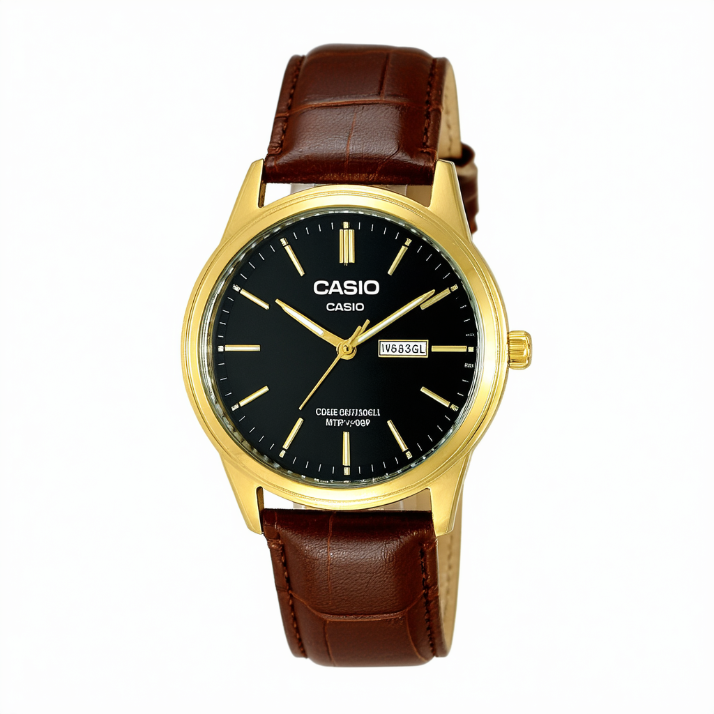 Casio #MTP-V003GL-9B Men's Standard Analog Gold Tone Leather Band Day Date Watch