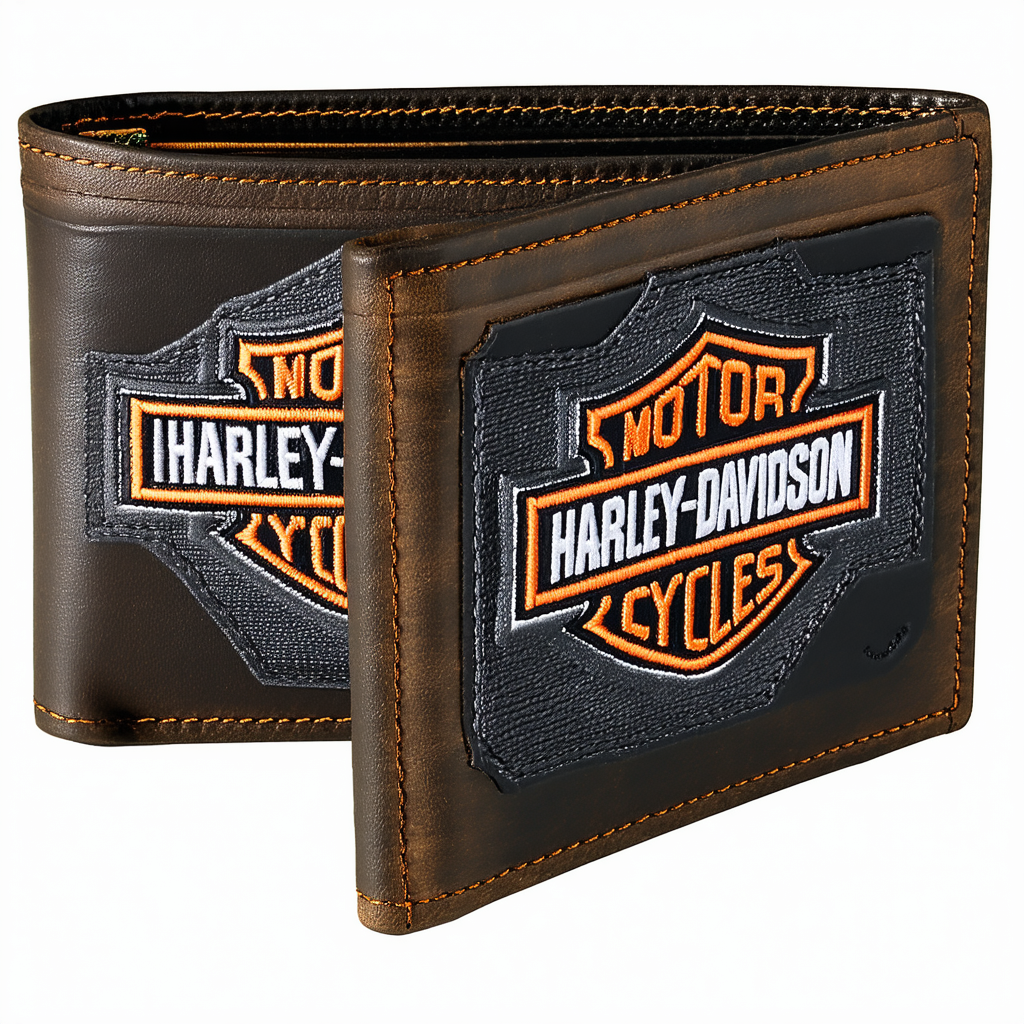Harley-Davidson Men's Embroidered XL Tri-Fold Chain Wallet Leather TC817H-2G