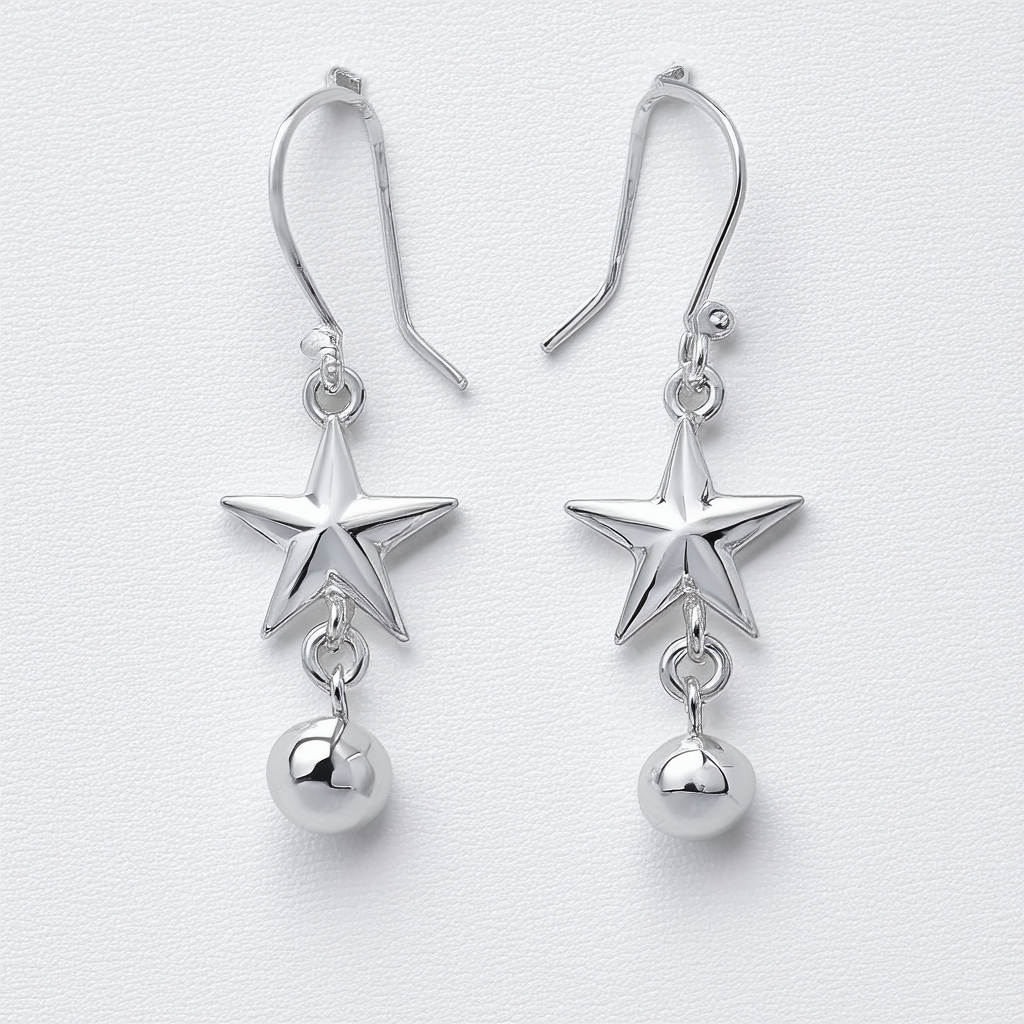14k White Gold Star Dangle Earrings with Shepherd's Hook