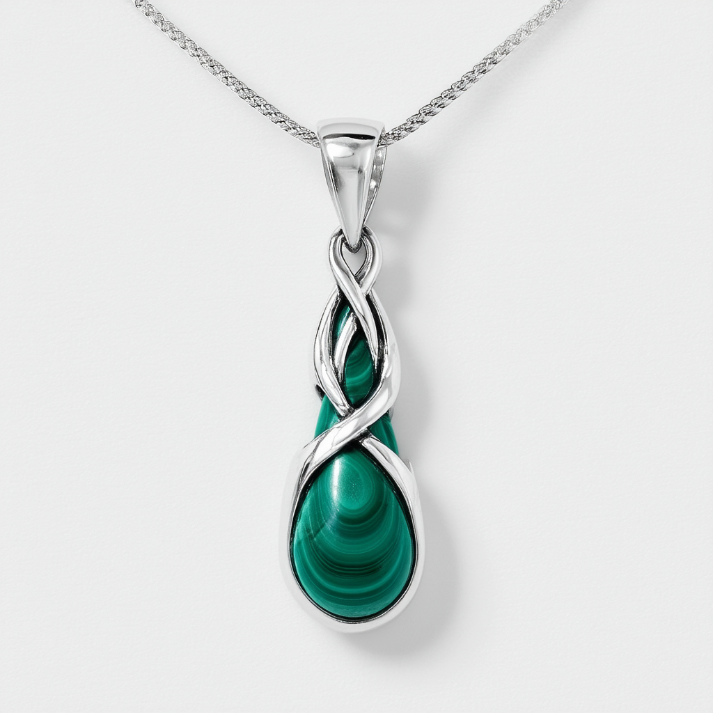 Amazon Collection Sterling Silver Celtic Malachite Drop Pendant, 18"