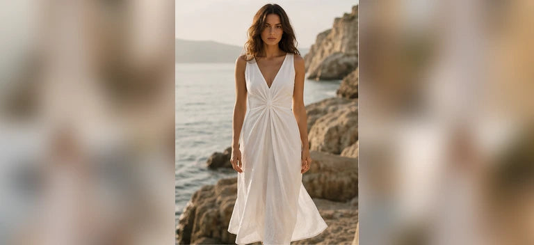 Model wearing a white halter linen maxi dress by the sea