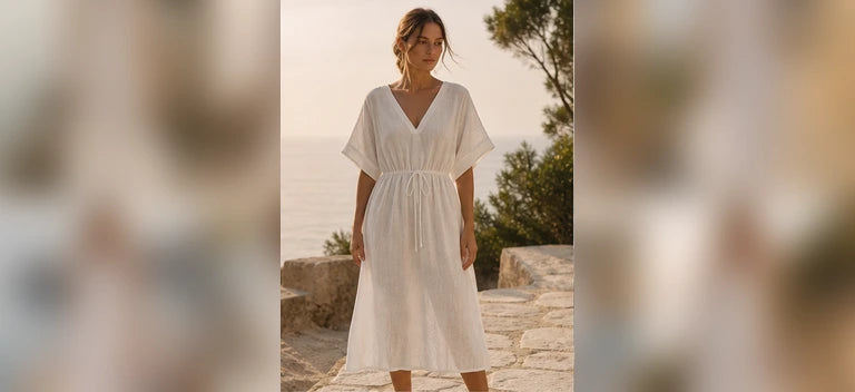Model wearing a white buttoned linen sun dress