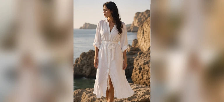 Model wearing a white coastal wrap dress