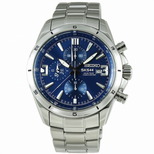 New Seiko SKS549 Chronograph Stainless Steel Blue Dial 100M Men's Watch