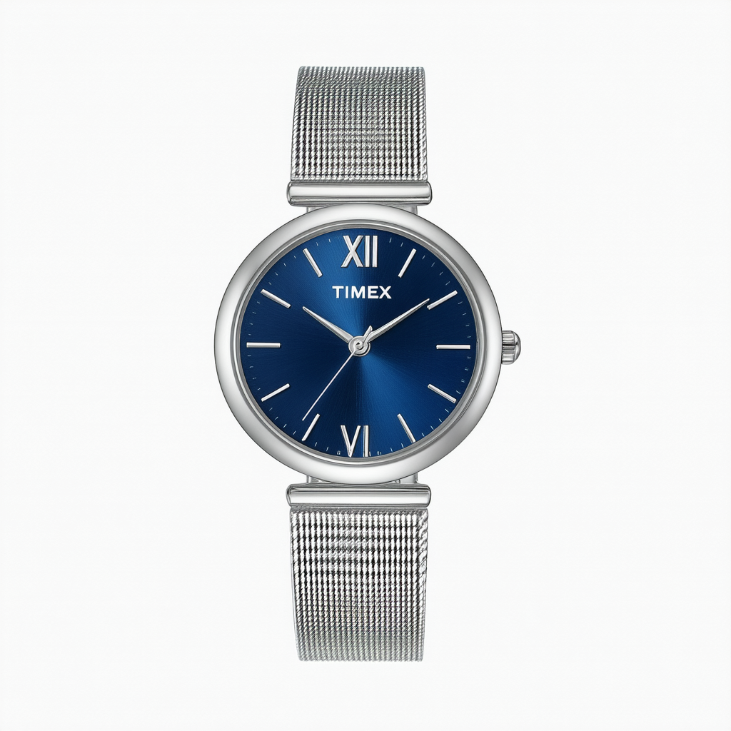 Timex 17971 Women's Silver-Tone Dress Watch with Round Blue Dial and Silver-Tone Stretch Band