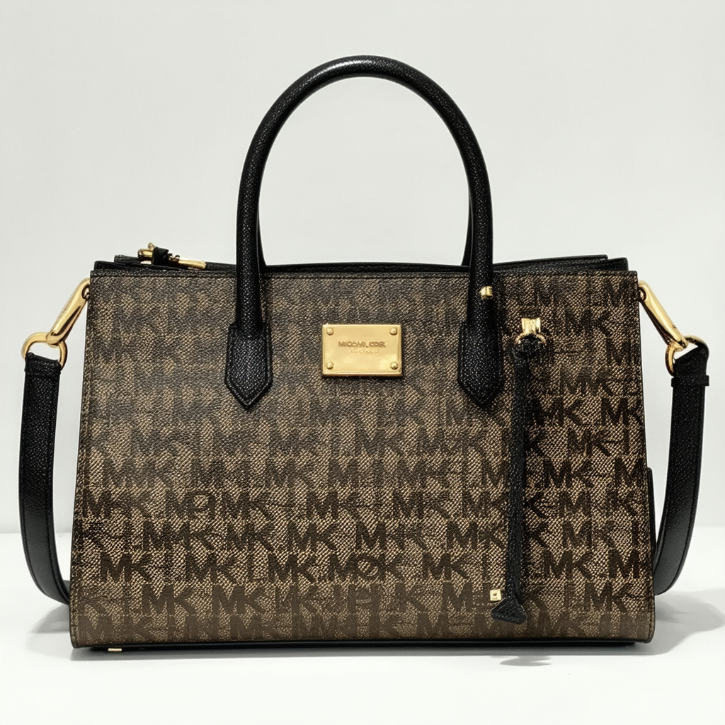 Michael Kors MK Signature Logo Purse Large Satchel Black Beige Hand Bag Crossbody