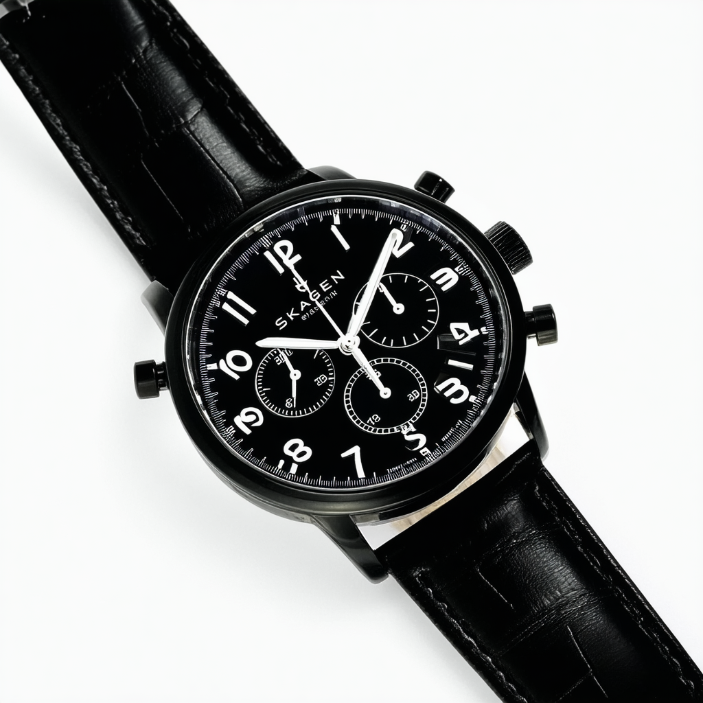 Skagen Men's 331LSLB Chronograph Black Dial Watch and Black Leather Watch