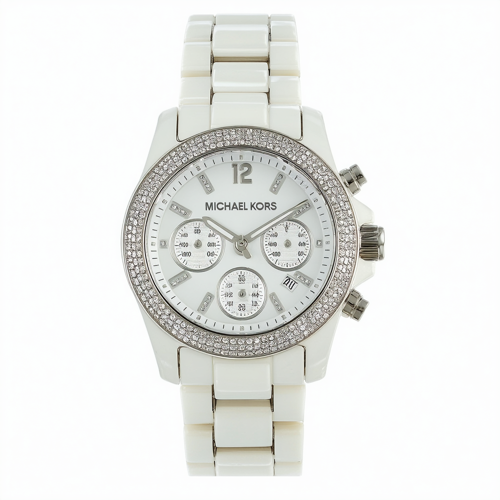 Michael Kors Mid-Size White Ceramic Camille Chronograph Glitz Women's watch #MK5843