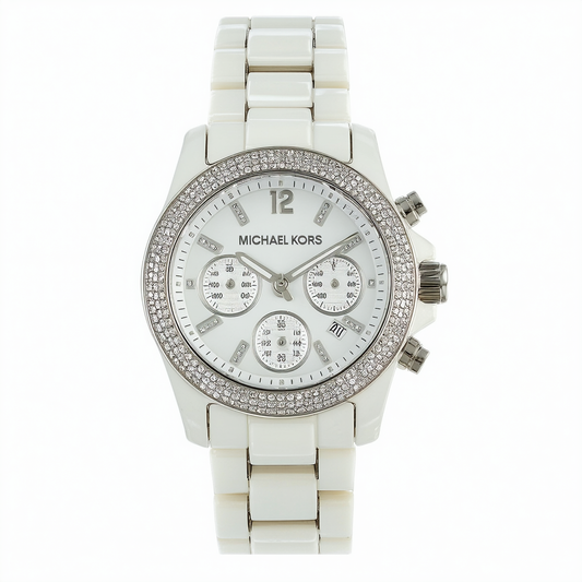 Michael Kors Mid-Size White Ceramic Camille Chronograph Glitz Women's watch #MK5843