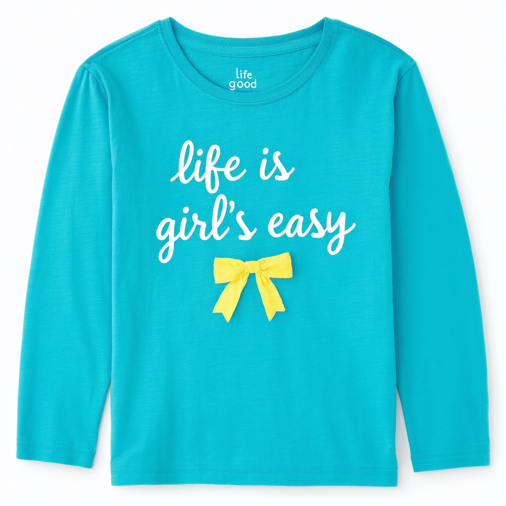 Life is Good Girl's Easy Long Sleeve Give Bow T-Shirt (Turquoise Blue)