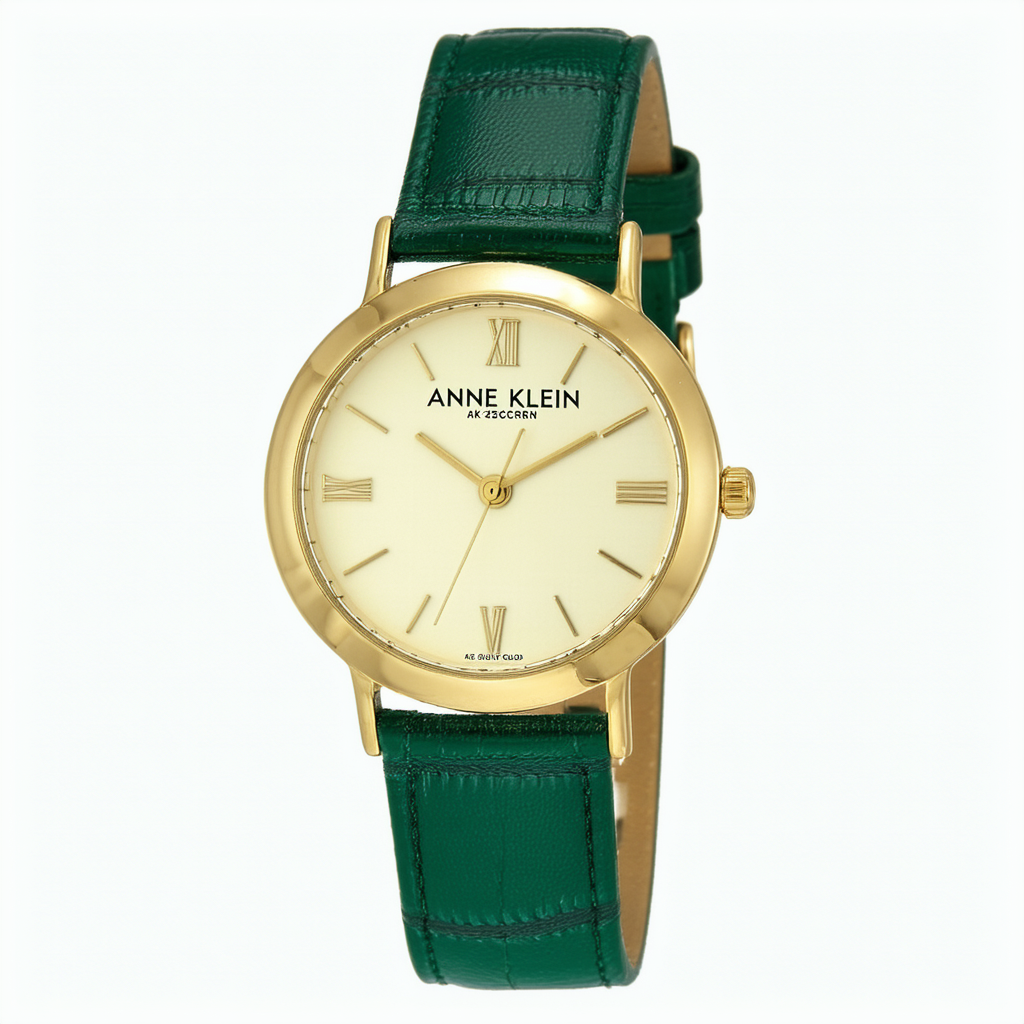 Anne Klein Women's AK/2136CRGN Gold-Tone and Green Leather Strap Watch