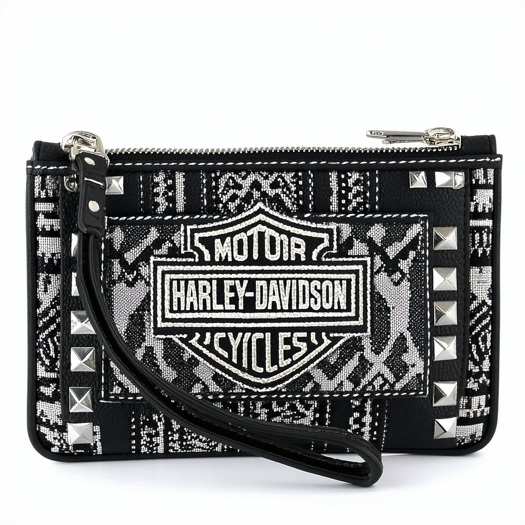 Harley-Davidson Women's Jacquard Studded Zip Wristlet Clutch Wallet, HD3483J-BLK