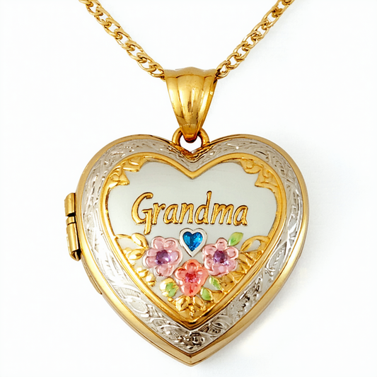 14k Yellow Gold-Filled Tricolor "Grandma" Heart Locket Pendant Necklace, 18"