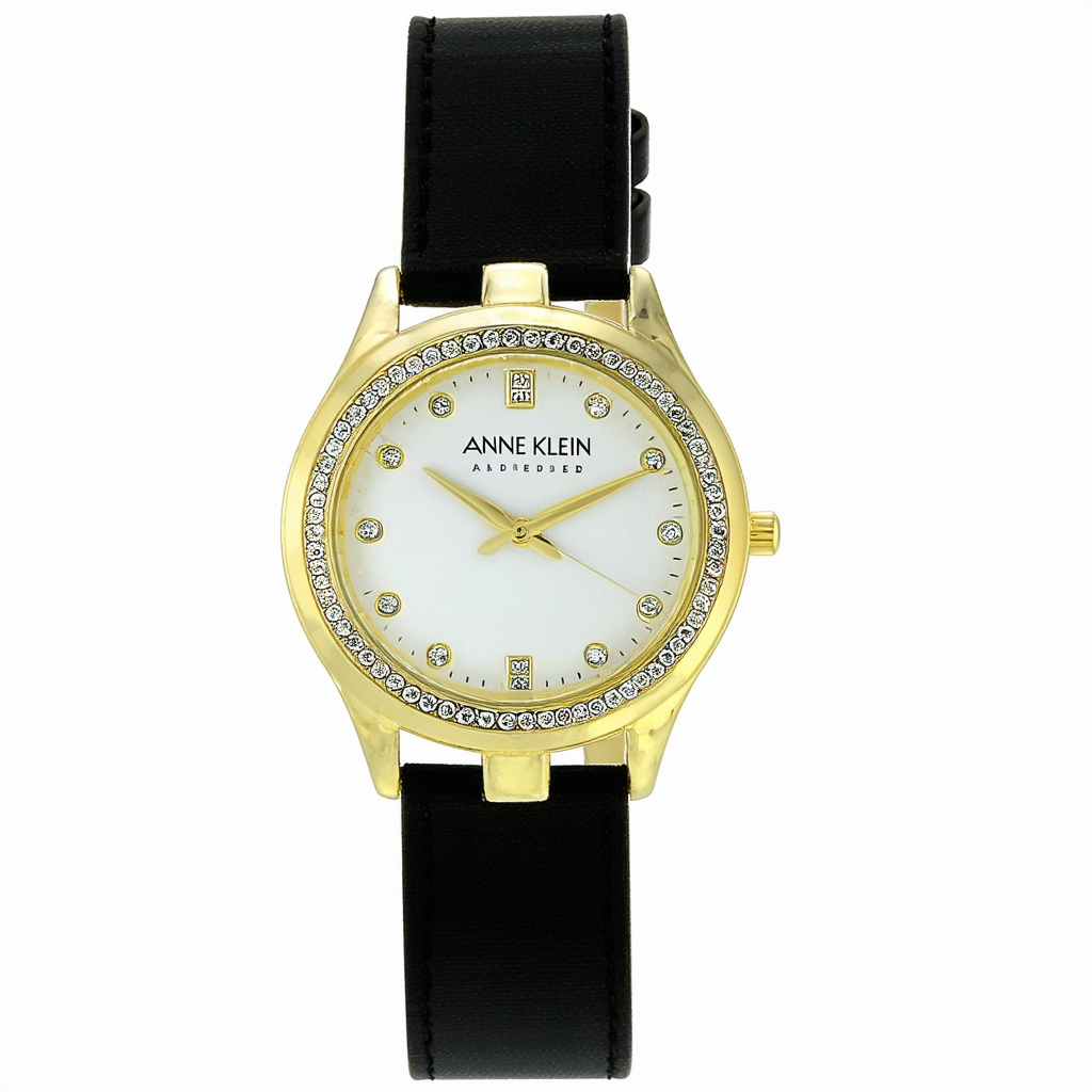 Anne Klein Women's Premium Crystal Accented Gold-Tone Black Strap Watch #109162BKDB
