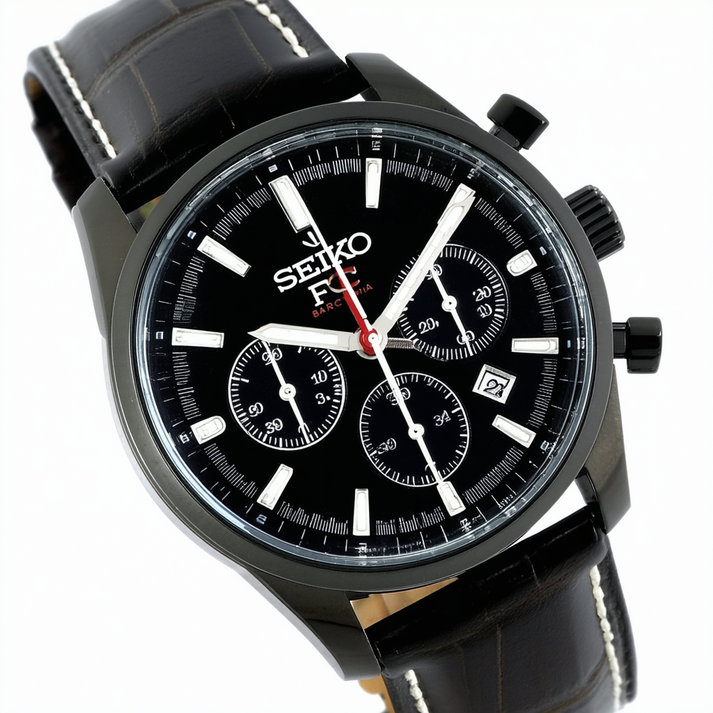 Seiko FC Barcelona Chronograph Black Dial Black Leather Mens Watch SSB073P2
