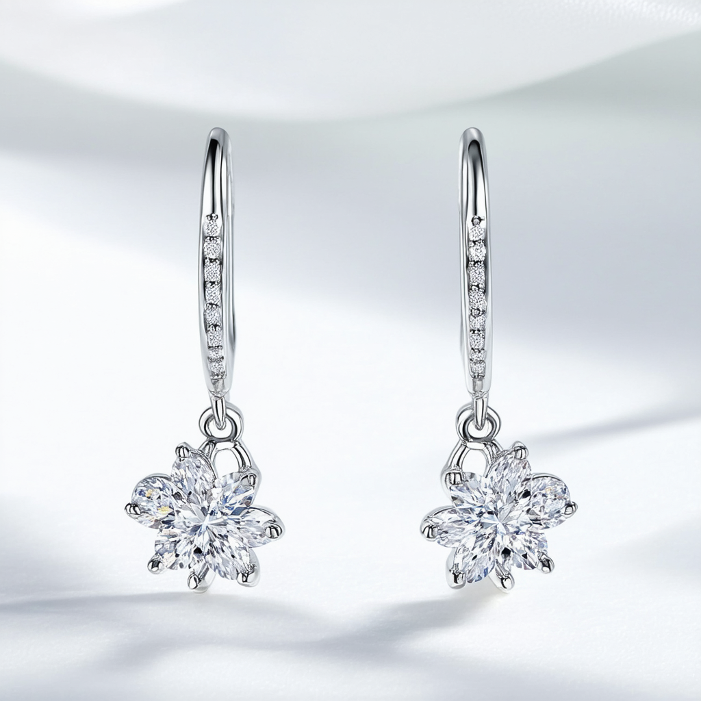 Amazon Collection Sterling Silver Cubic Zirconia Floral Dangle Wire Earrings