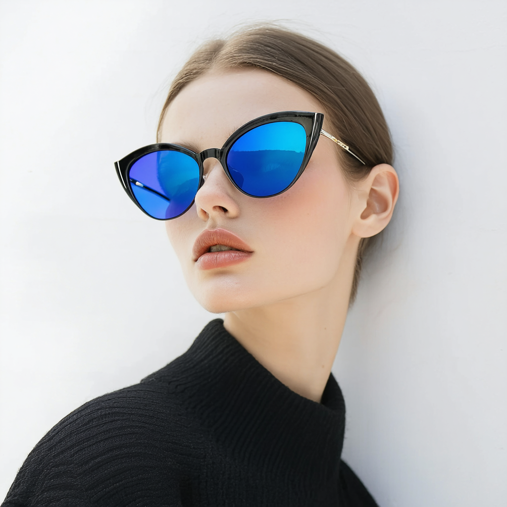 Modern Oversized Half-Frame Color Mirror Flat Lens Cat Eye Sunglasses 58mm