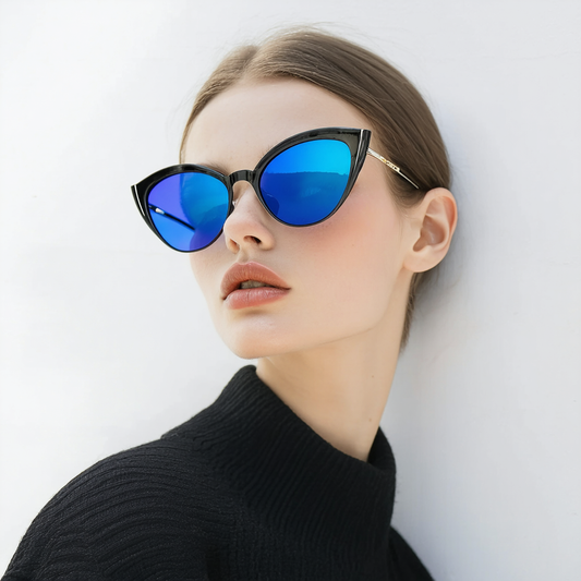 Modern Oversized Half-Frame Color Mirror Flat Lens Cat Eye Sunglasses 58mm