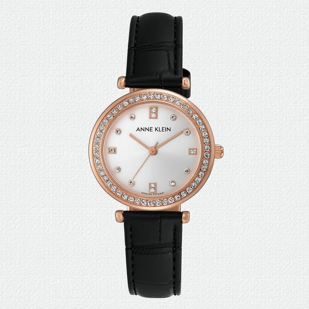 Anne Klein Women's AK/1884RGBK Premium Crystal Accented Rose Gold-Tone and Black Leather Strap Watch
