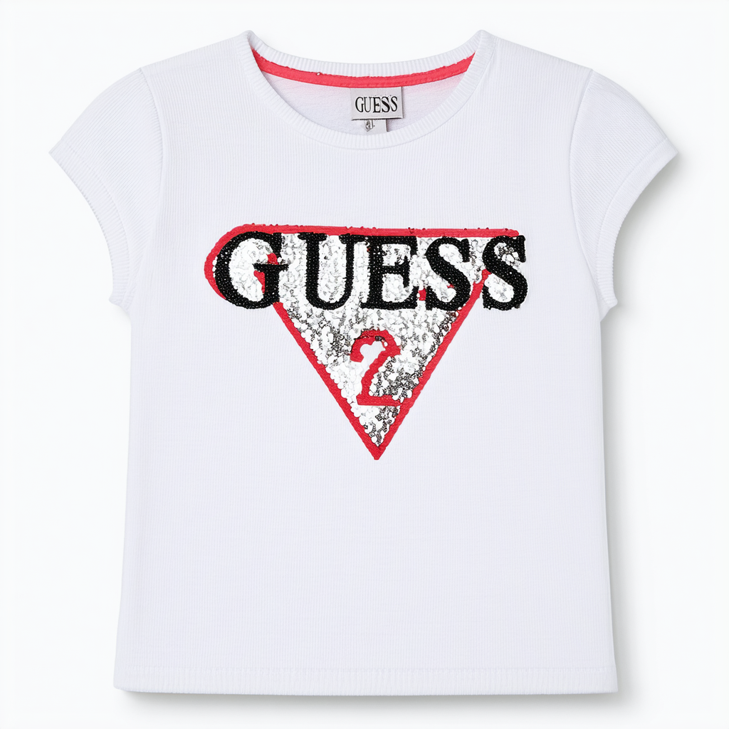 GUESS Girls' Little Embroidered Sequin and Glitter Print Logo Rib T-Shirt