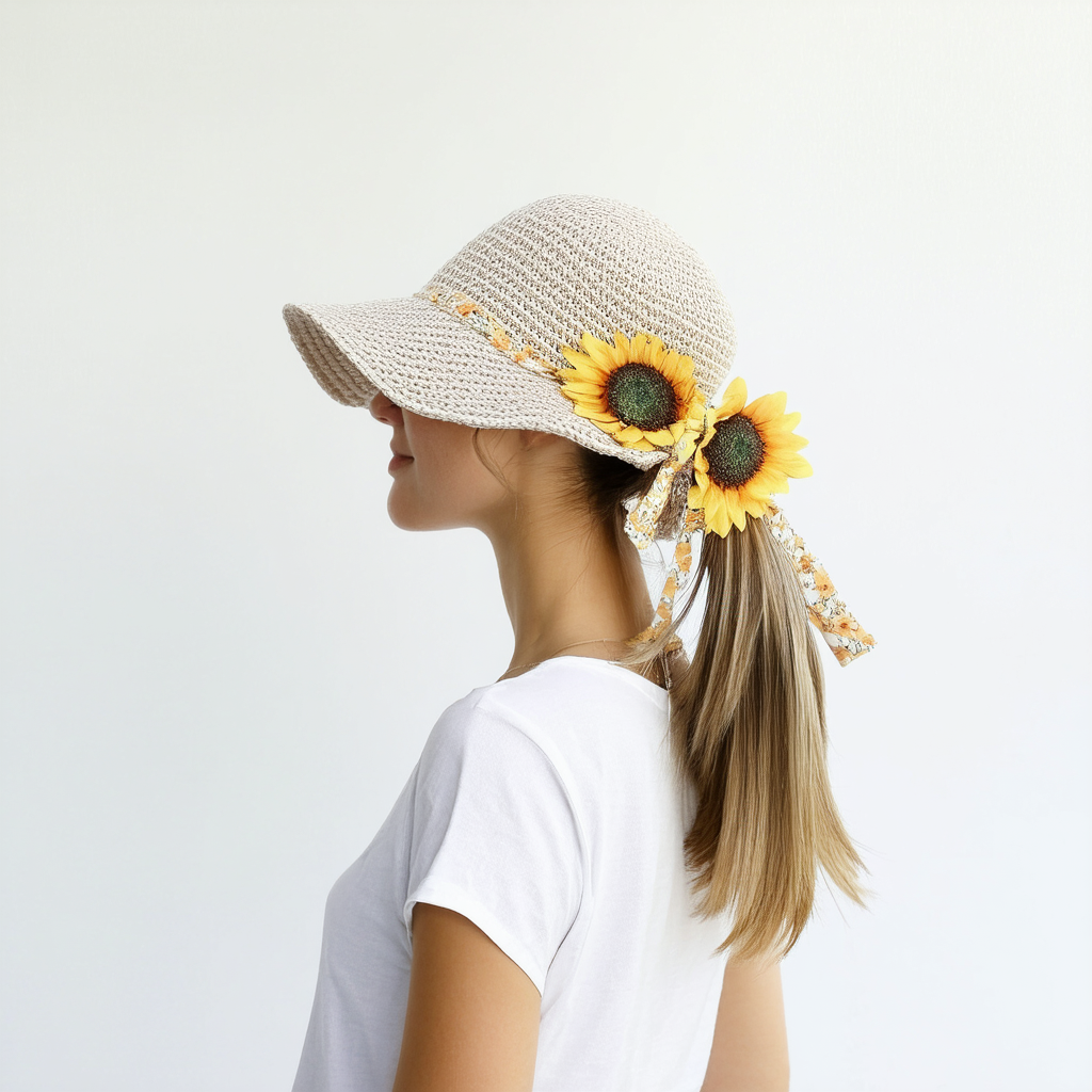 Womens Criss Cross Ponytail Hat Sunflower Hat Ponytail Bun Sun Hat for Women