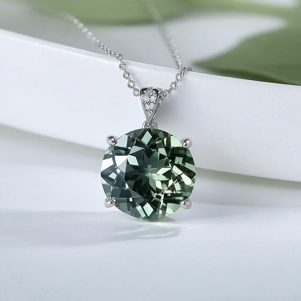 Amazon Collection Sterling Silver Round Green Amethyst Pendant Necklace